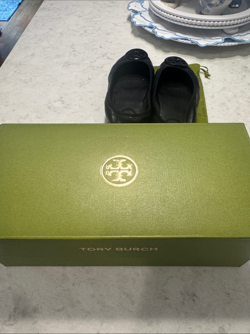 Tory Burch Black Leather Logo Round-Toe Ballet Flats - Picture 5 of 9